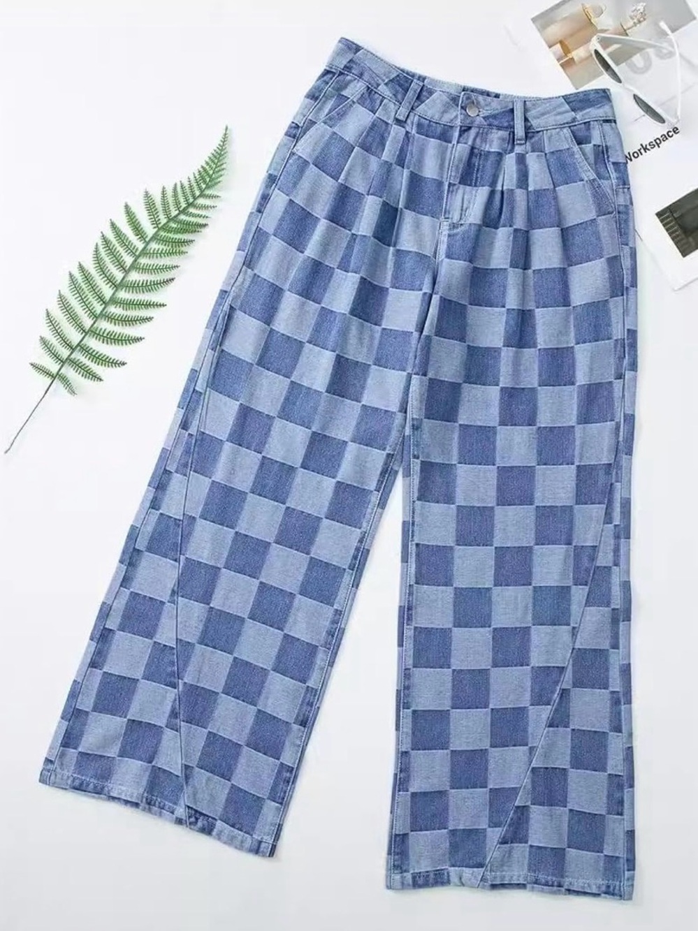 Amazon Blue Checkered Relaxed Wide-Leg Jeans